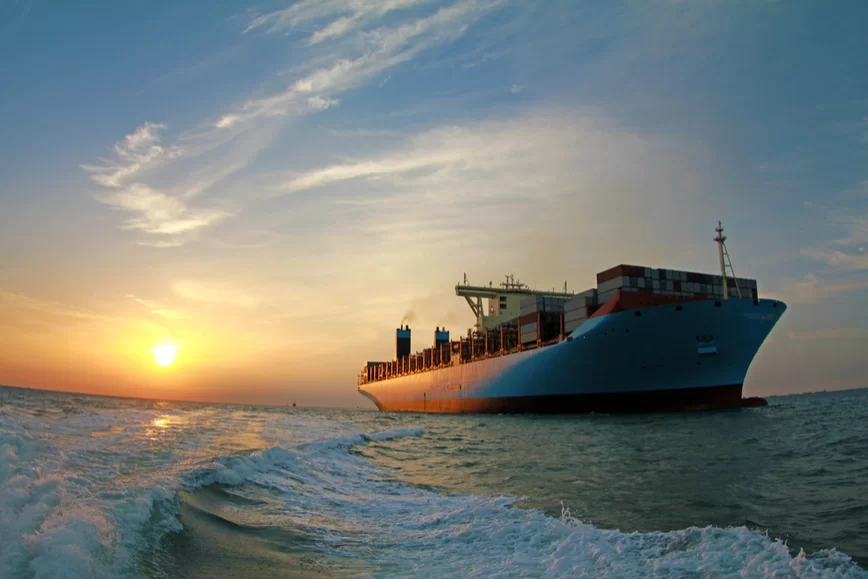 Marine freight cargo ship traveling in the ocean