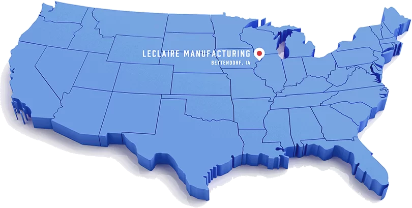Map of USA with Pin Point where Le Claire Maniufacturing is located in Iowa